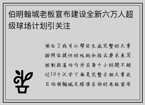 伯明翰城老板宣布建设全新六万人超级球场计划引关注 伯明翰城老板宣布建设全新六万人超级球场计划引关注